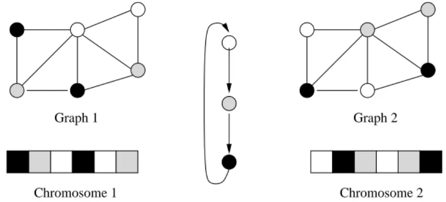 Figure 4: Two solutions with different genotypes and same phenotype, and the swap operation from the first to the second