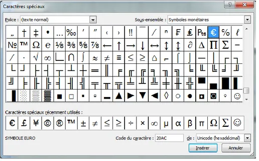 Figure 28 – L’insertion de caractères spéciaux. 