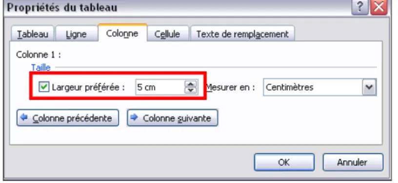 TABLEAU : SÉLECTION ET LARGEUR DE COLONNE   