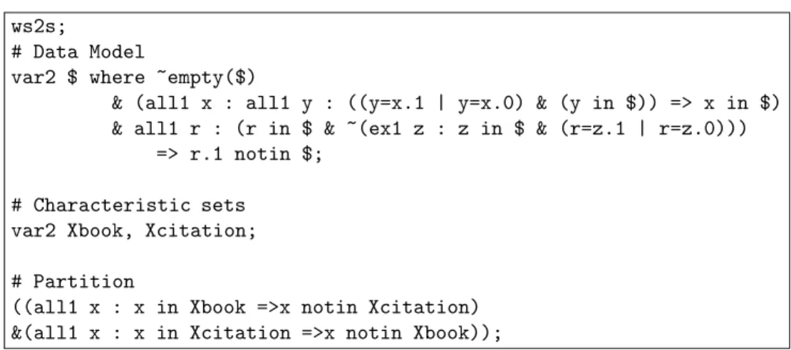 Figure 5: A WS2S Formula Describing a Sample XML Tree in MONA Syntax.