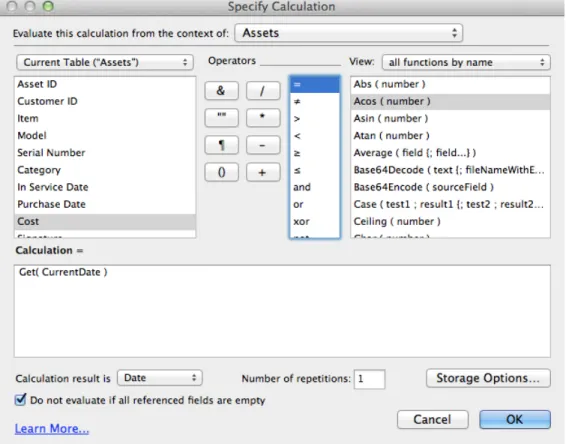 Figure 66 shows the Specify Calculation dialog for defining a calculation field. You can  double-click the fields, operators, and functions to insert them into the formula entry  space