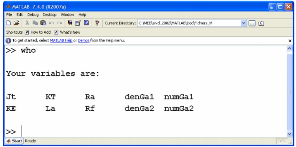 Fig. 11  Listage par la commande who des variables dénies dans l'espace de commande MATLAB.