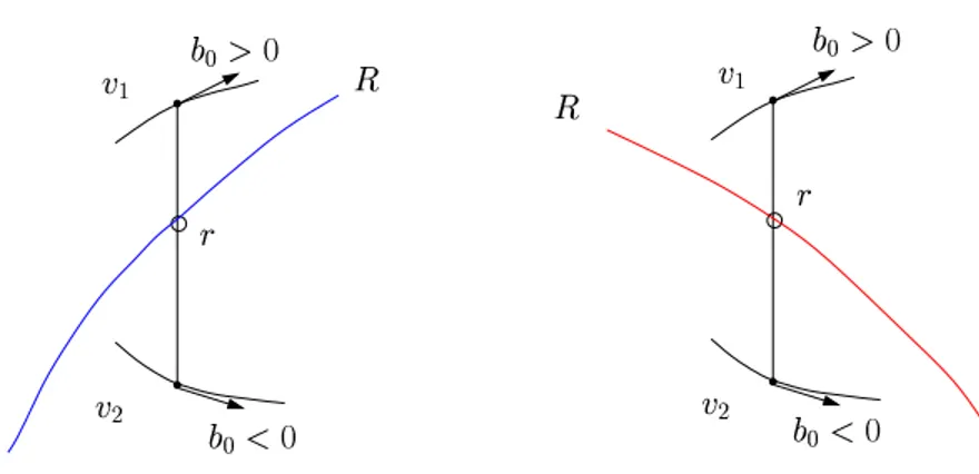 Figure 13: An elliptic (left), and an hyperbolic (right) ridge crossing the image of an edge of the triangulation T