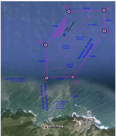 Figure 2.54: Aerial view of bimep test zone with planned cable routes [108]. 