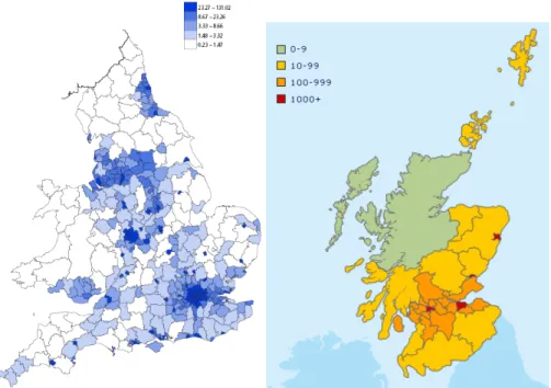 Figure 2.17: Population distribution in England and Wales [88] and in Scotland [89] 