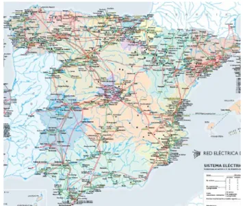 Figure 2.20 shows the map of the transmission grid in Spain. There are a significant number  of electrical substations on the Cantabrian coast, but most of them are placed nearer to the  main metropolitan areas, therefore marine energy farms will likely be