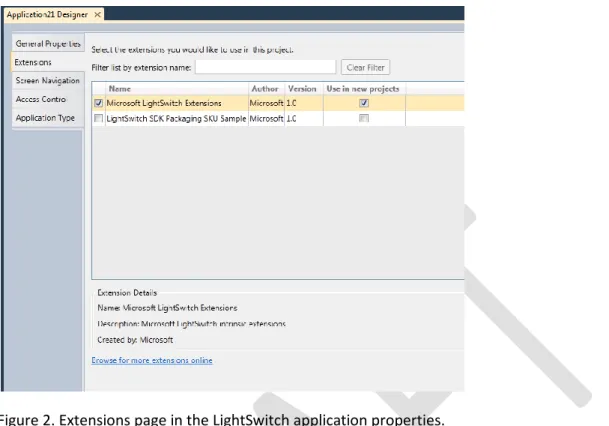 Figure 2. Extensions page in the LightSwitch application properties. 