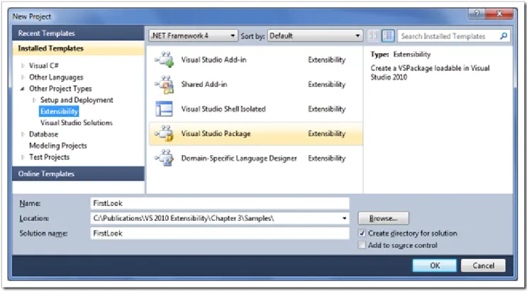 Figure 1: The New Project dialog with the Extensibility project types 
