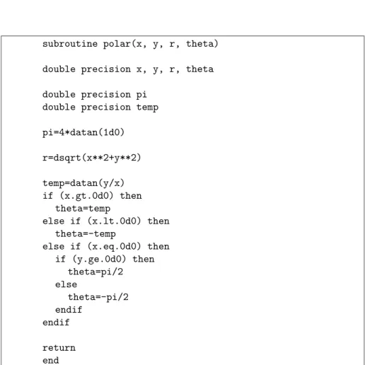 Fig. 10.2 – Code source d’une subroutine de calcul de coordonn´ ees polaires ` a partir de coordonn´ ees cart´ esiennes.