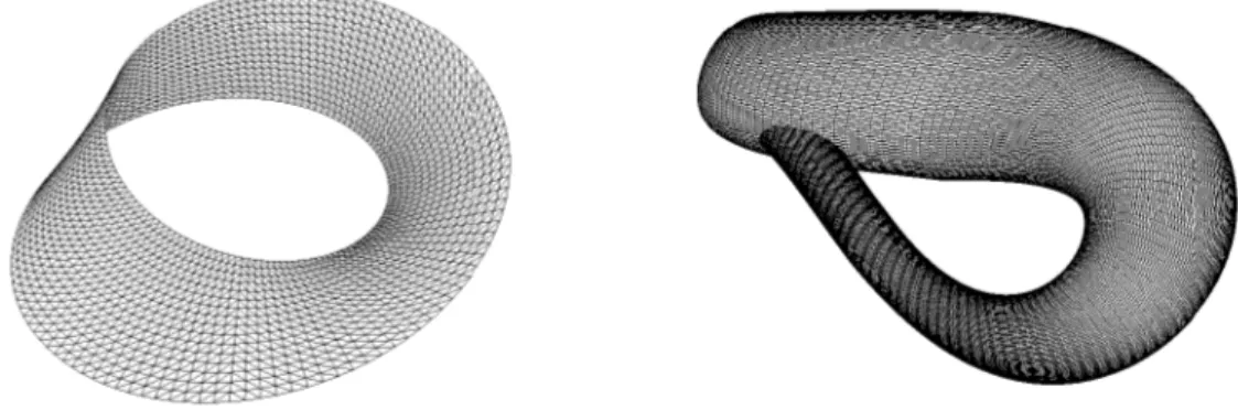 Figure 2: Examples of non-orientable surface meshes : a Möbius strip (left-hand side) and a Klein bottle (right-hand side).