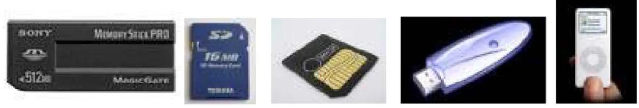 Fig. 4. Différents formats de mémoires  fl ash (dont une clé USB et un lecteur mp3)