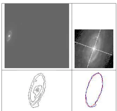 Figure 2: The different steps of galaxy image processing: top left: the original image (galaxy NGC7531); top right: the isolated galaxy with its main axes; middle left: five iso-intensity contours; middle right: approximation of the external contour with a