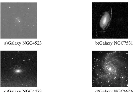 Figure 3: Examples of the image variety: a) a noisy image containing in its cen- cen-ter a faint irregular galaxy b) a good quality image containing a high resolution uncentered spiral galaxy c) a noisy image containing in its center a low resolution ellip