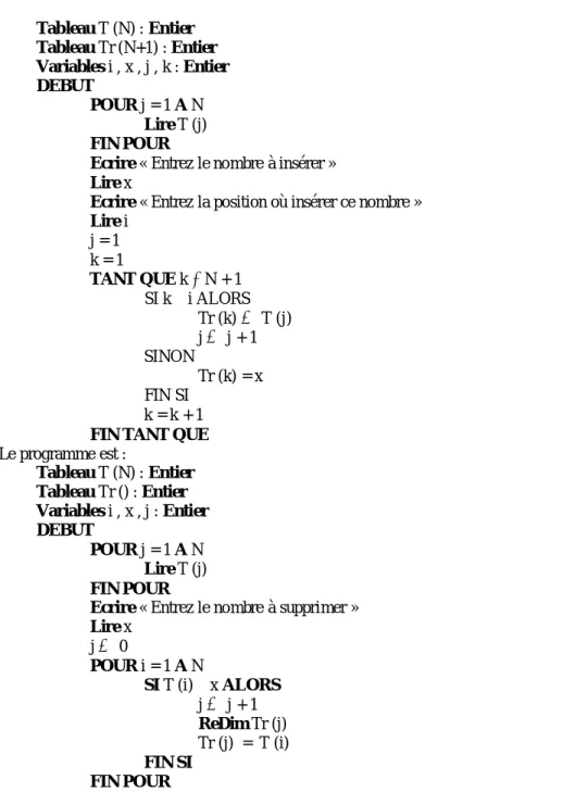 Tableau T (N) : Entier Tableau Tr (N+1) : Entier Variables i , x , j , k : Entier DEBUT POUR j = 1 A N Lire T (j) FIN POUR