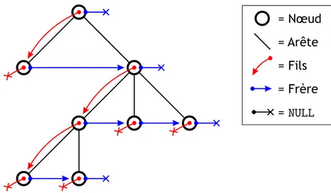 Figure 5.2 – Arbre g´ en´ eral : on acc` ede aux ﬁls d’un nœud en suivant une liste chaˆın´ ee.
