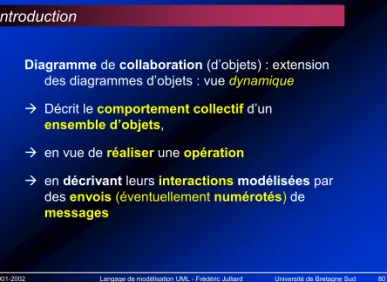 Diagramme de collaboration (d’objets) : extension  des diagrammes d’objets : vue dynamique Æ Décrit le comportement collectif d’un 