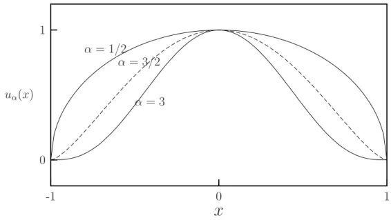 Fig. 3.2 – Aspect de la solution u α (x) sur [−1, 1] suivant α.
