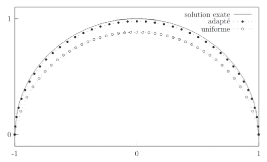 Fig. 3.3 – Approximation sur les subdivisions uniformes et adapt´ees (n = 40, α = 1/2).