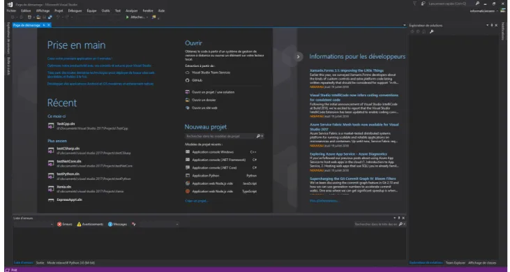 Figure 2.2. – L’écran d’accueil de Visual Studio, avec le thème sombre.