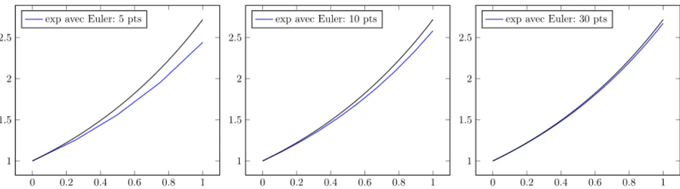 Figure 8.1 – Comparaison : Euler explicite sur [0, 1] : 5, 10 et 30 points. La courbe en noir est la « vraie » fonction exponentielle.