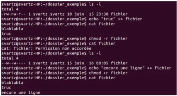 Figure 10 – Une suite de commandes modifiant les droits sur un fichier