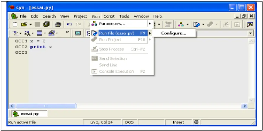 Fig. 1.7: Même programme que celui de la gure 1.4, ce programme est enregistré sous le nom "essai.py", et on tente de l'exécuter par l'intermédiaire du menu "Run -> Run File".