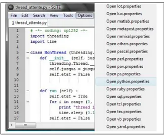 Figure 1.6 : Configuration de l’éditeur de texte SciTe. Il faut  cli-quer sur le menu Option, puis sur Open python.properties pour ouvrir les paramètres de configuration  asso-ciées au langage Python.