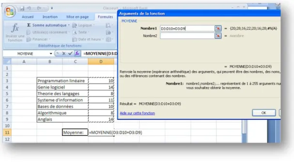 Figure 9: L'utilisation de la fonction Moyenne 12. Déplacement des cellules