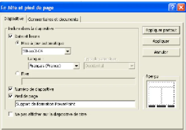 Figure 15 : La boîte de dialogue « En-tête et pied de page » 