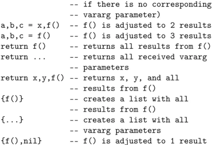 table constructors are explained in §3.4.8. Vararg ex- ex-pressions, denoted by three dots (’...’), can only be used when directly inside a vararg function; they are explained in §3.4.10.