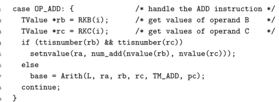 Figure 2.1: Extract from the standard Lua interpretive VM demonstrating type checking.