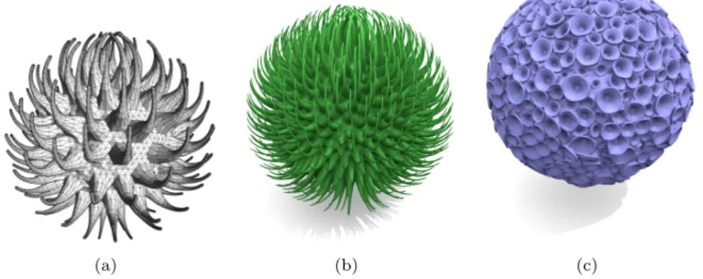 Figure 5: (a, b) Forms created by growing tapered extrusions out of a sphere.