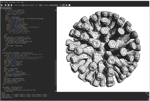 Figure 2: A screenshot of Fugu showing the code pane with syntax colouring (left), 3D interactive view of the model the script generates (right) and the console window for syntax and runtime error reporting (bottom).