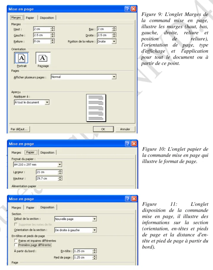 Figure 9: L'onglet Marges de  la command mise en page,  illustre les marges (haut, bas,  gauche, droite, reliure et  position de reliure),  l'orientation de page, type  d'affichage et l'application  pour tout le document ou à  partir de ce point