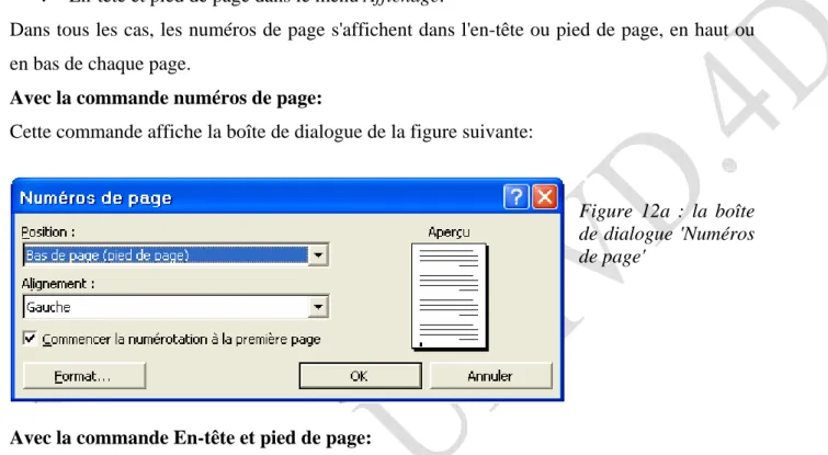 Figure 12a : la boîte  de dialogue 'Numéros  de page' 