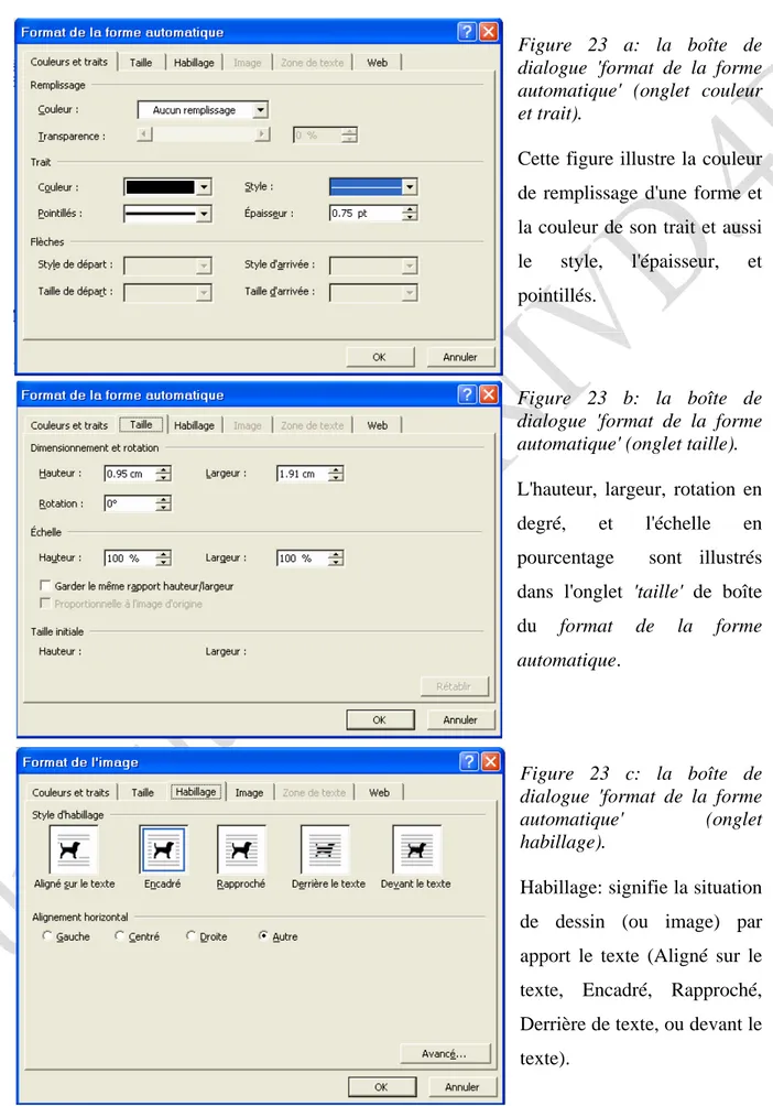 Figure 23 a: la boîte de  dialogue 'format de la forme  automatique' (onglet couleur  et trait)