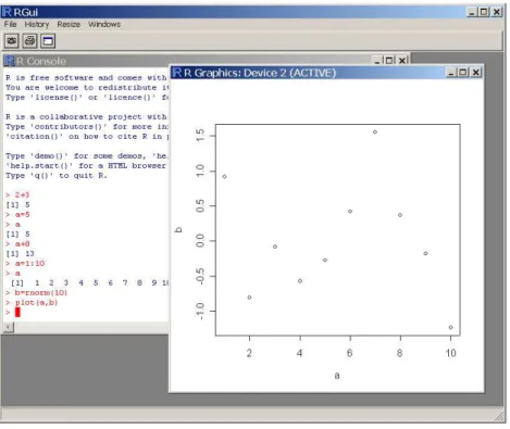 Fig. 2.2 – Fenˆetre graphique stripchart(a) stripchart(a,pch=16,cex=2,col=2,method=’jitter’,vertical=T) x1=rnorm(10,mean=100,sd=10) x2=rnorm(10,mean=110,sd=10) boxplot(x1,x2) t.test(x1,x2) plot(x1,x2) summary(lm(x2~x1) 2.2 Aide en ligne