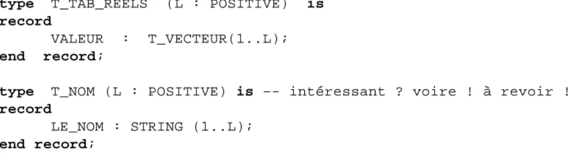 TAB  :    T_TAB_REELS (10);  --    un tableau de 10 réels  MAT  :    T_MAT_CARREE (20); --    une matrice  20*20 