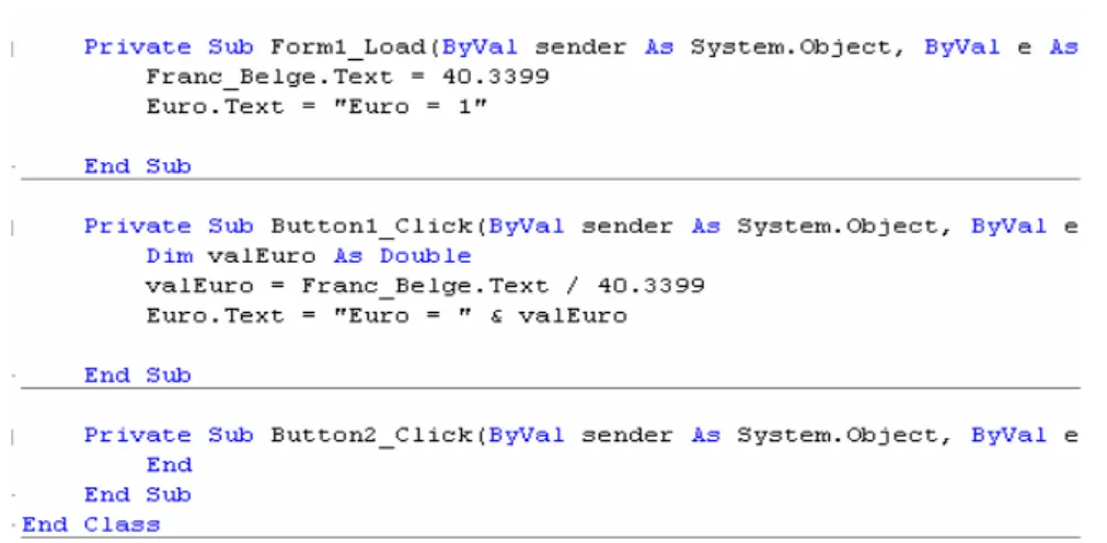 Figure 11 : Fenêtre du code VB relative au formulaire Convertisseur (suite)    