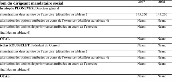 Tableau 1 - Tableau de synthèse des rémunérations et des options et actions attribuées à chaque dirigeant mandataire  social (en euros) 