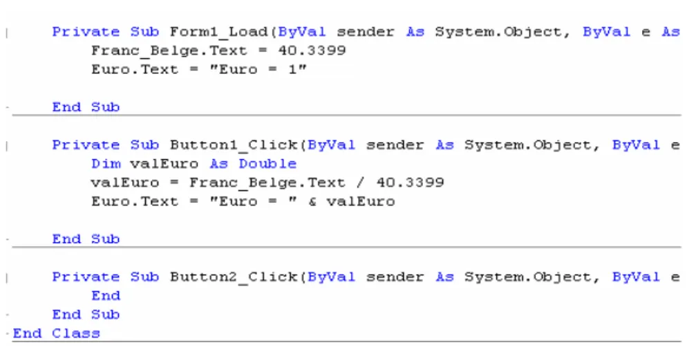Figure 11 : Fenêtre du code VB relative au formulaire Convertisseur (suite) 