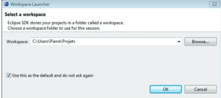 Figure A-22   Création et utilisation  du workspace  C:\Users\Pierre\Projets  (Windows)