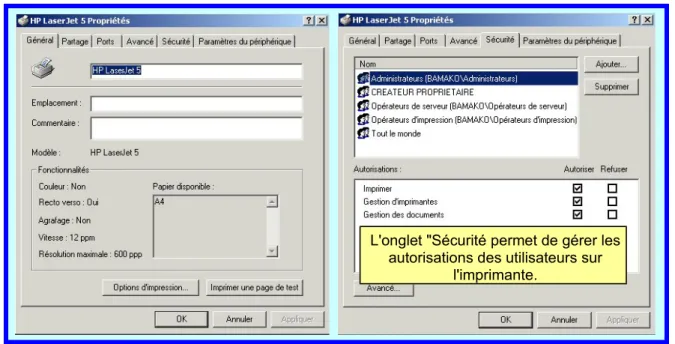 Figure 15 : Les différents onglets de la fenêtre "Propriétés" d'une imprimante.