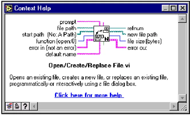 Figure 1-13 Fenêtre d'aide contextuelle  Ce bouton affiche ou non les connections optionnelles d’un VI