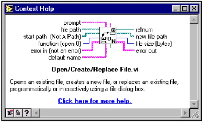Figure 1-13 Fenêtre d'aide contextuelle  Ce bouton affiche ou non les connections optionnelles d’un VI