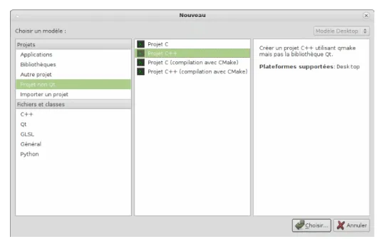 Figure 3.2: Fenêtre de dialogue pour la sélection du type de projet sous QtCreator