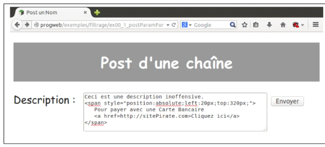 Figure 4.3 : Injection HTML ajoutant un lien au site Le résultat est l’apparition d’un lien non prévu sur le site :