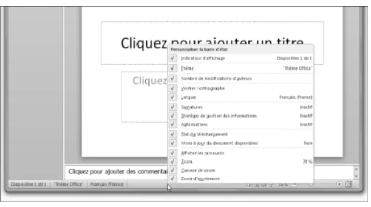 Figure 1.16 : Le menu contextuel de la barre d’état de PowerPoint 2010