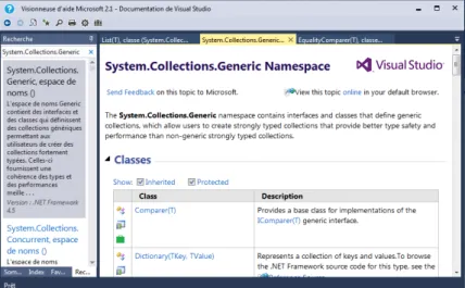 Figure 3.1 : Capture de la Visionneuse d’Aide de Visual Studio