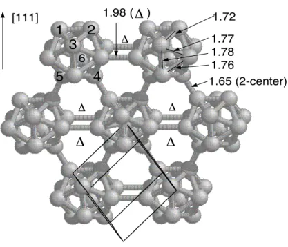 Fig. 1.1 – La structure cristallographique du bore α rhombo´edrique. Les distances sont en ˚ A.